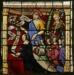 Fenster mit Darstellung einer Stifterin mit ihren sechs Töchtern, dem Heiligen Johannes dem Täufer und einer weiblichen Märtyrerin